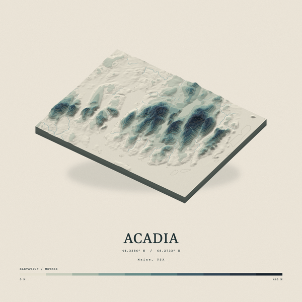 Acadia — Terrain Relief print in Graphite (square)