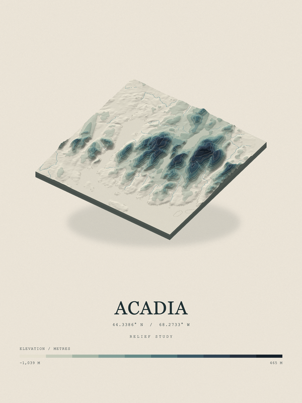 Acadia — Terrain Relief print in Graphite