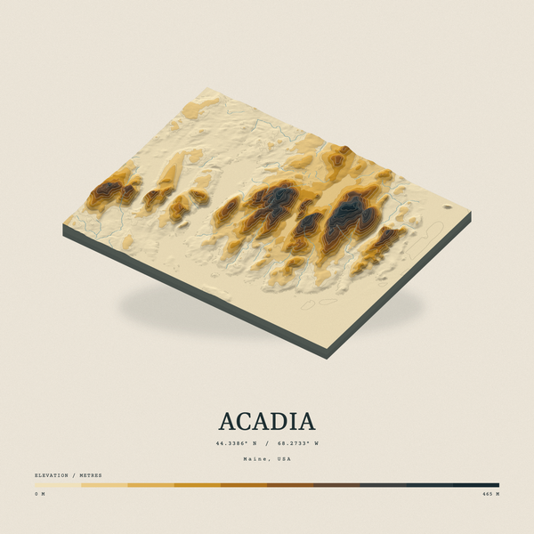 Acadia — Terrain Relief print in Saffron & Slate (square)