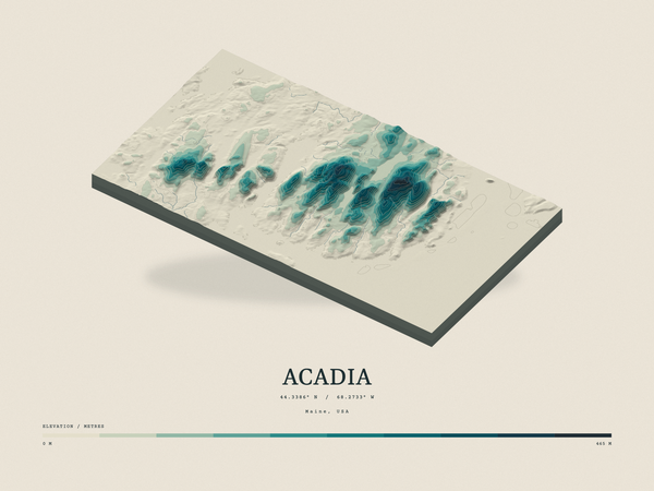 Acadia — Terrain Relief print in Alpine Teal (landscape)