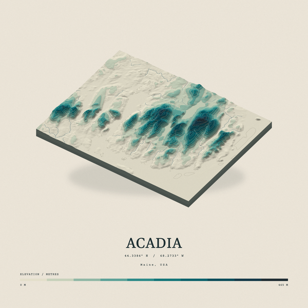 Acadia — Terrain Relief print in Alpine Teal (square)
