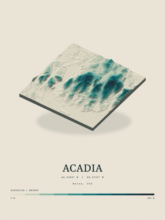 Acadia — Terrain Relief print in Alpine Teal