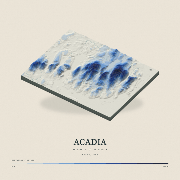 Acadia — Terrain Relief print in Ultramarine (square)