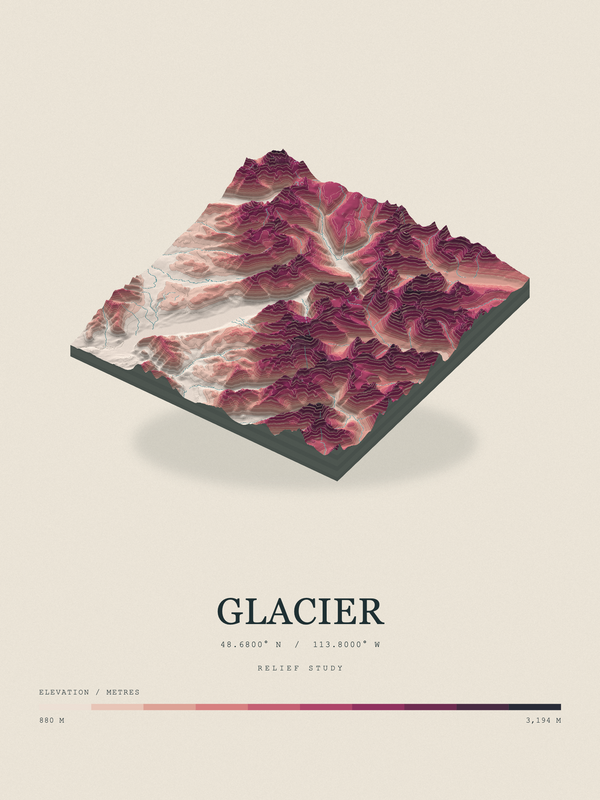 Glacier — Terrain Relief print in Rose & Stone