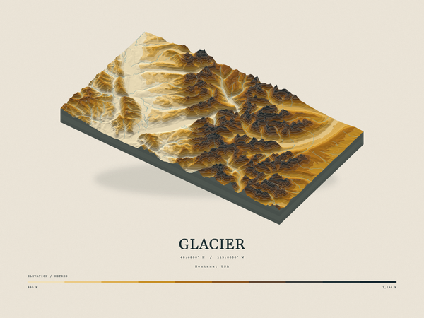 Glacier — Terrain Relief print in Saffron & Slate (landscape)