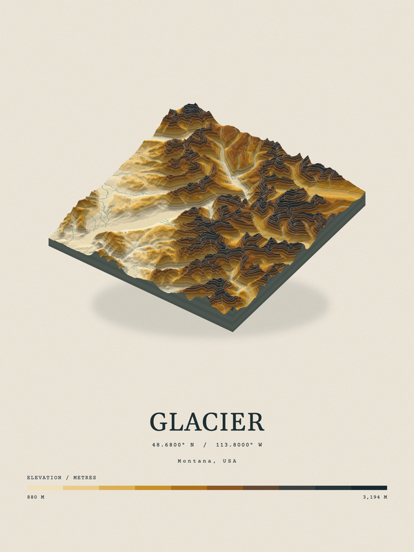 Glacier — Terrain Relief print in Saffron & Slate