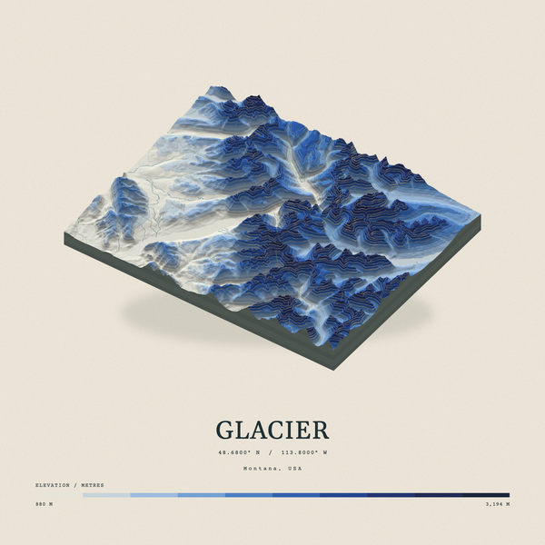 Glacier — Terrain Relief print in Ultramarine (square)