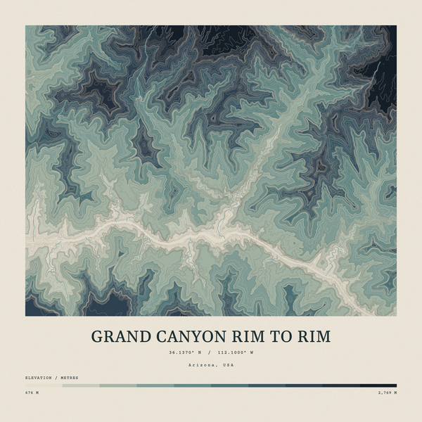 Grand Canyon Rim to Rim — Contour Colour print in Graphite (square)