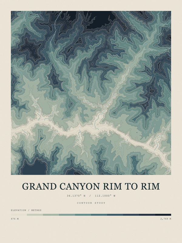 Grand Canyon Rim to Rim — Contour Colour print in Graphite