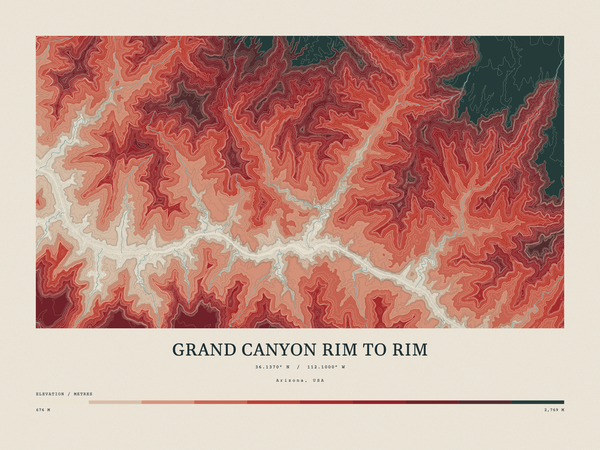 Grand Canyon Rim to Rim — Contour Colour print in Red Earth (landscape)