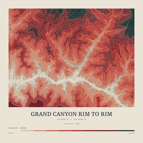 Grand Canyon Rim to Rim — Contour Colour print in Red Earth (square)