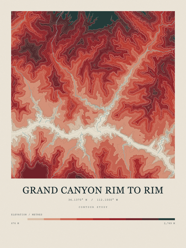 Grand Canyon Rim to Rim — Contour Colour print in Red Earth