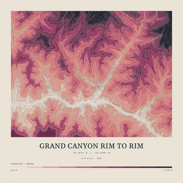 Grand Canyon Rim to Rim — Contour Colour print in Rose & Stone (square)