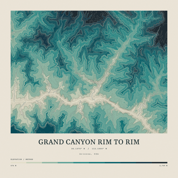 Grand Canyon Rim to Rim — Contour Colour print in Alpine Teal (square)