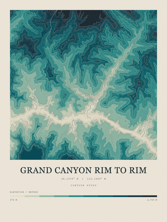Grand Canyon Rim to Rim — Contour Colour print in Alpine Teal