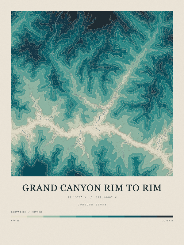 Grand Canyon Rim to Rim — Contour Colour print in Alpine Teal
