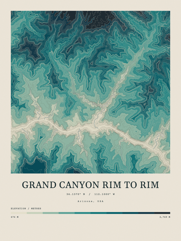 Grand Canyon Rim to Rim — Contour Colour print in Alpine Teal