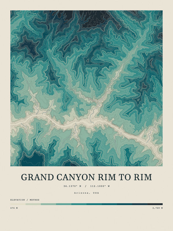 Grand Canyon Rim to Rim — Contour Colour print in Alpine Teal