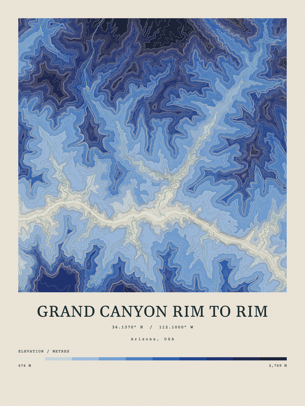 Grand Canyon Rim to Rim — Contour Colour print in Ultramarine