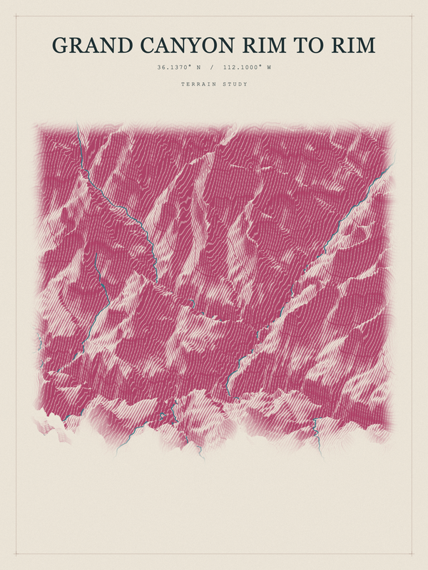 Grand Canyon Rim to Rim — Red Relief print in Rose & Stone