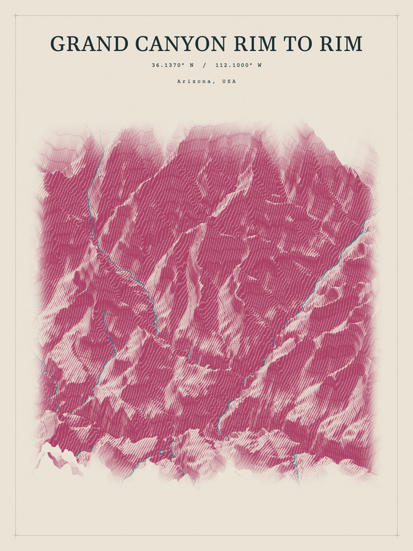 Grand Canyon Rim to Rim — Red Relief print in Rose & Stone