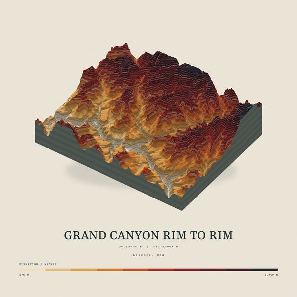 Grand Canyon Rim to Rim — Terrain Relief print in Ember & Ochre (square)