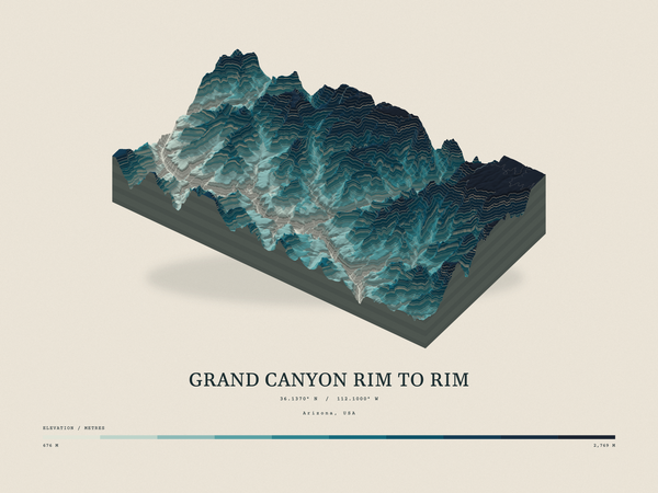 Grand Canyon Rim to Rim — Terrain Relief print in Fjord (landscape)