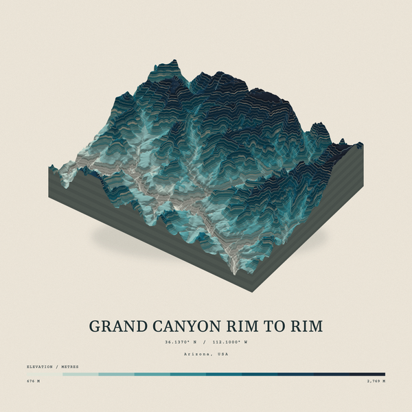 Grand Canyon Rim to Rim — Terrain Relief print in Fjord (square)