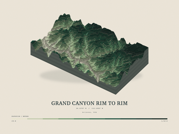 Grand Canyon Rim to Rim — Terrain Relief print in Forest Floor (landscape)