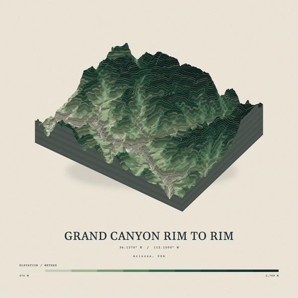 Grand Canyon Rim to Rim — Terrain Relief print in Forest Floor (square)