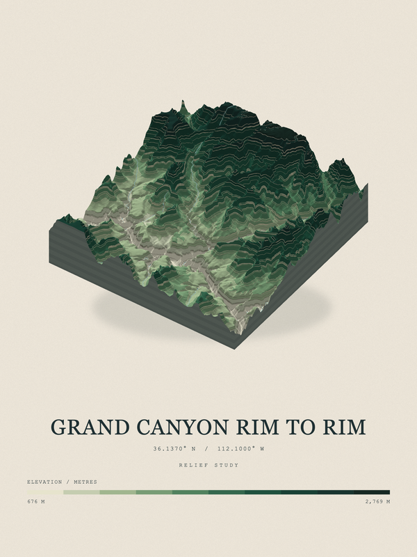 Grand Canyon Rim to Rim — Terrain Relief print in Forest Floor