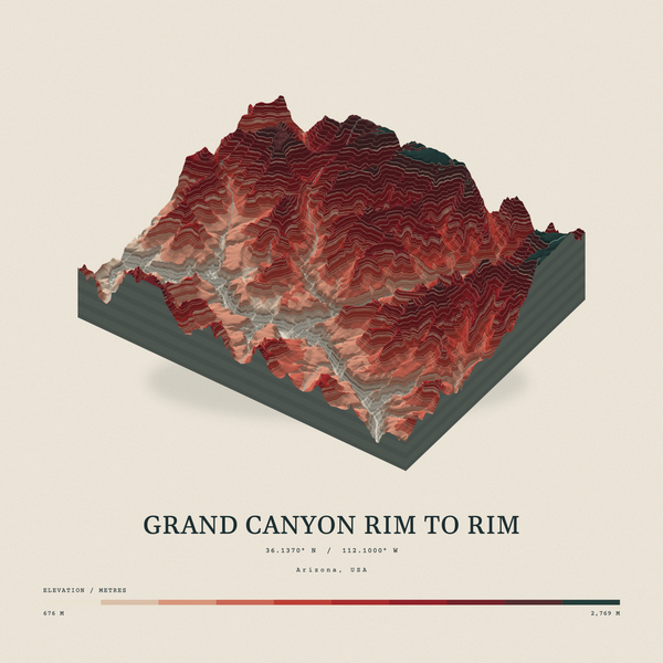 Grand Canyon Rim to Rim — Terrain Relief print in Red Earth (square)