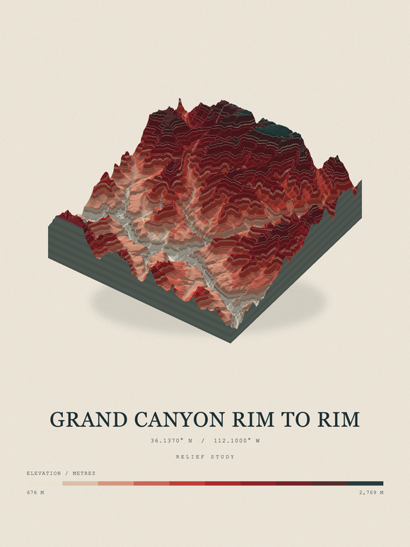 Grand Canyon Rim to Rim — Terrain Relief print in Red Earth