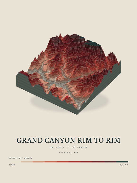 Grand Canyon Rim to Rim — Terrain Relief print in Red Earth