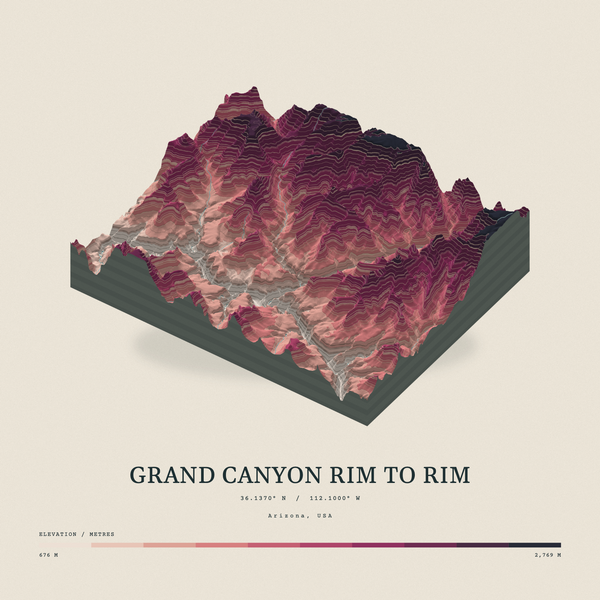 Grand Canyon Rim to Rim — Terrain Relief print in Rose & Stone (square)