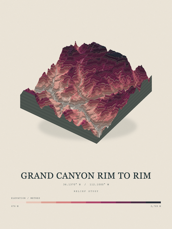 Grand Canyon Rim to Rim — Terrain Relief print in Rose & Stone