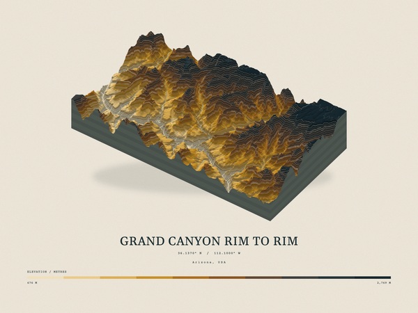 Grand Canyon Rim to Rim — Terrain Relief print in Saffron & Slate (landscape)