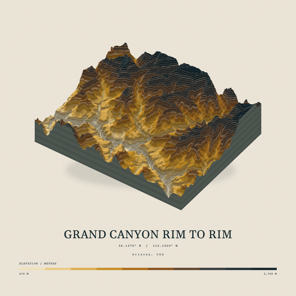 Grand Canyon Rim to Rim — Terrain Relief print in Saffron & Slate (square)