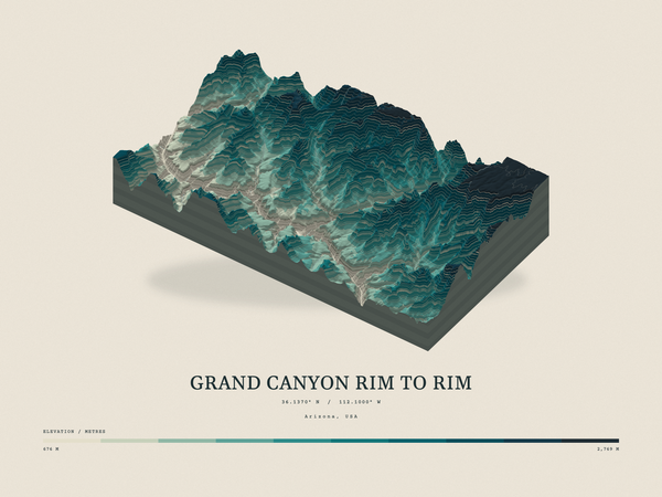 Grand Canyon Rim to Rim — Terrain Relief print in Alpine Teal (landscape)
