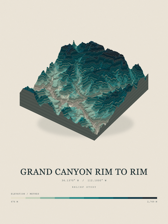 Grand Canyon Rim to Rim — Terrain Relief print in Alpine Teal