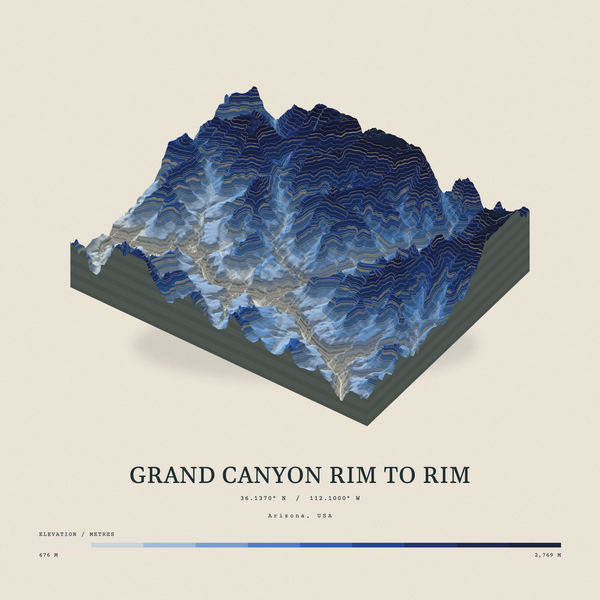 Grand Canyon Rim to Rim — Terrain Relief print in Ultramarine (square)