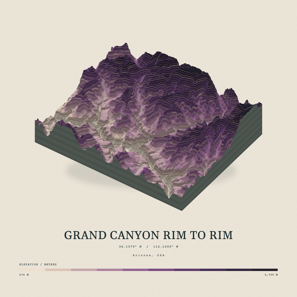 Grand Canyon Rim to Rim — Terrain Relief print in Plum & Clay (square)