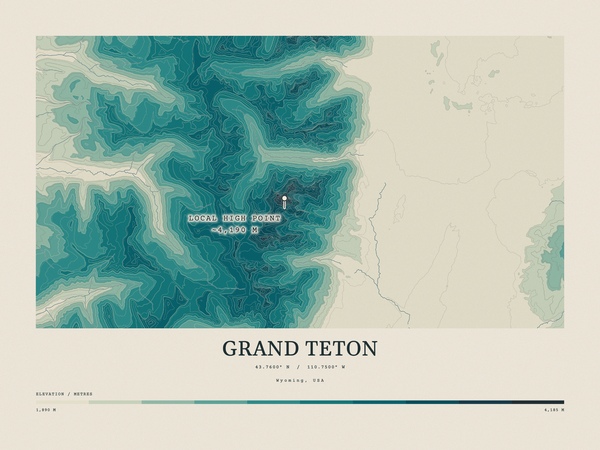 Grand Teton — Contour Colour print in Alpine Teal (landscape)