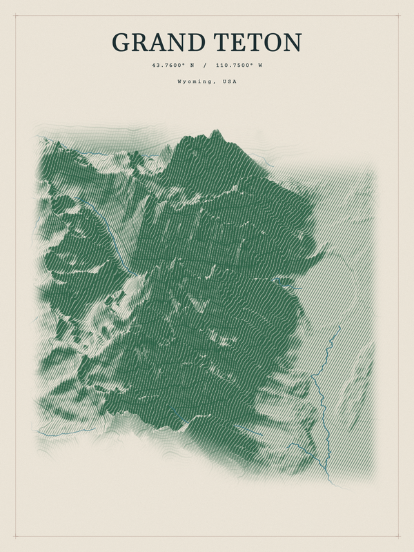 Grand Teton — Red Relief print in Forest Floor