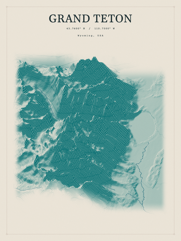 Grand Teton — Red Relief print in Alpine Teal
