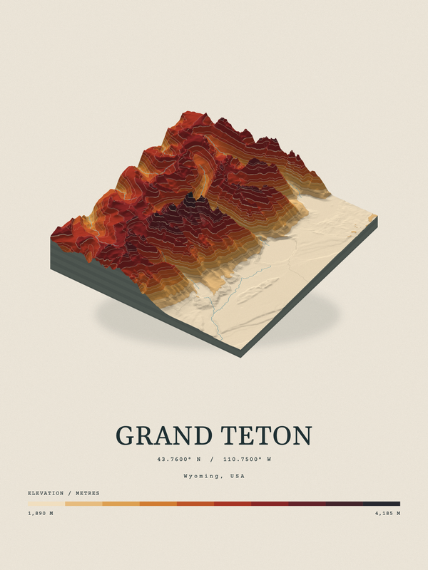 Grand Teton — Terrain Relief print in Ember & Ochre