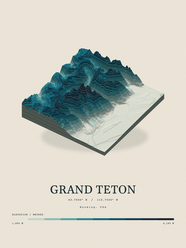 Grand Teton — Terrain Relief print in Fjord