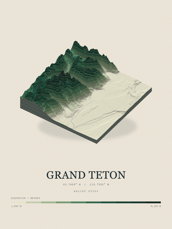 Grand Teton — Terrain Relief print in Forest Floor