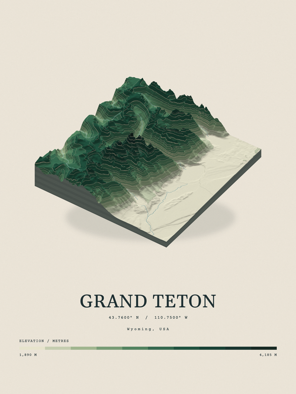 Grand Teton — Terrain Relief print in Forest Floor