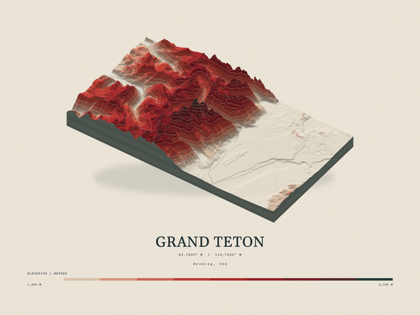 Grand Teton — Terrain Relief print in Red Earth (landscape)